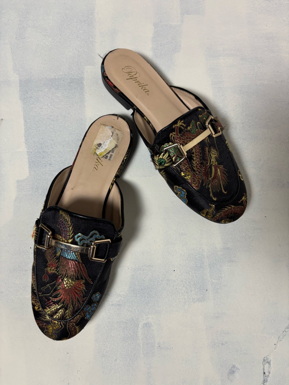 Paprika Black Embroidered Dragon Slip-On Mules